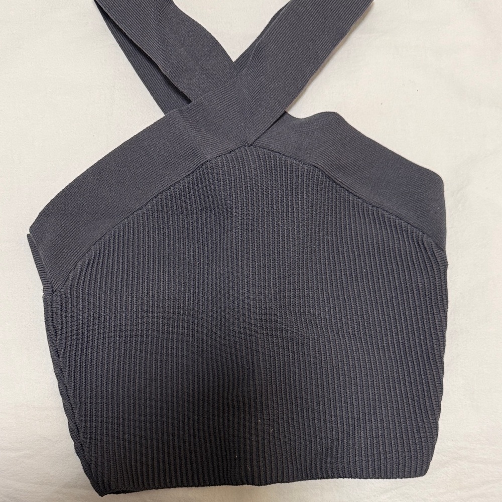 Gray Ribbed Knit Cross-Back Top